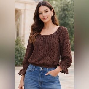 White House Black Market Brown Eyelet Peasant Top Size Small